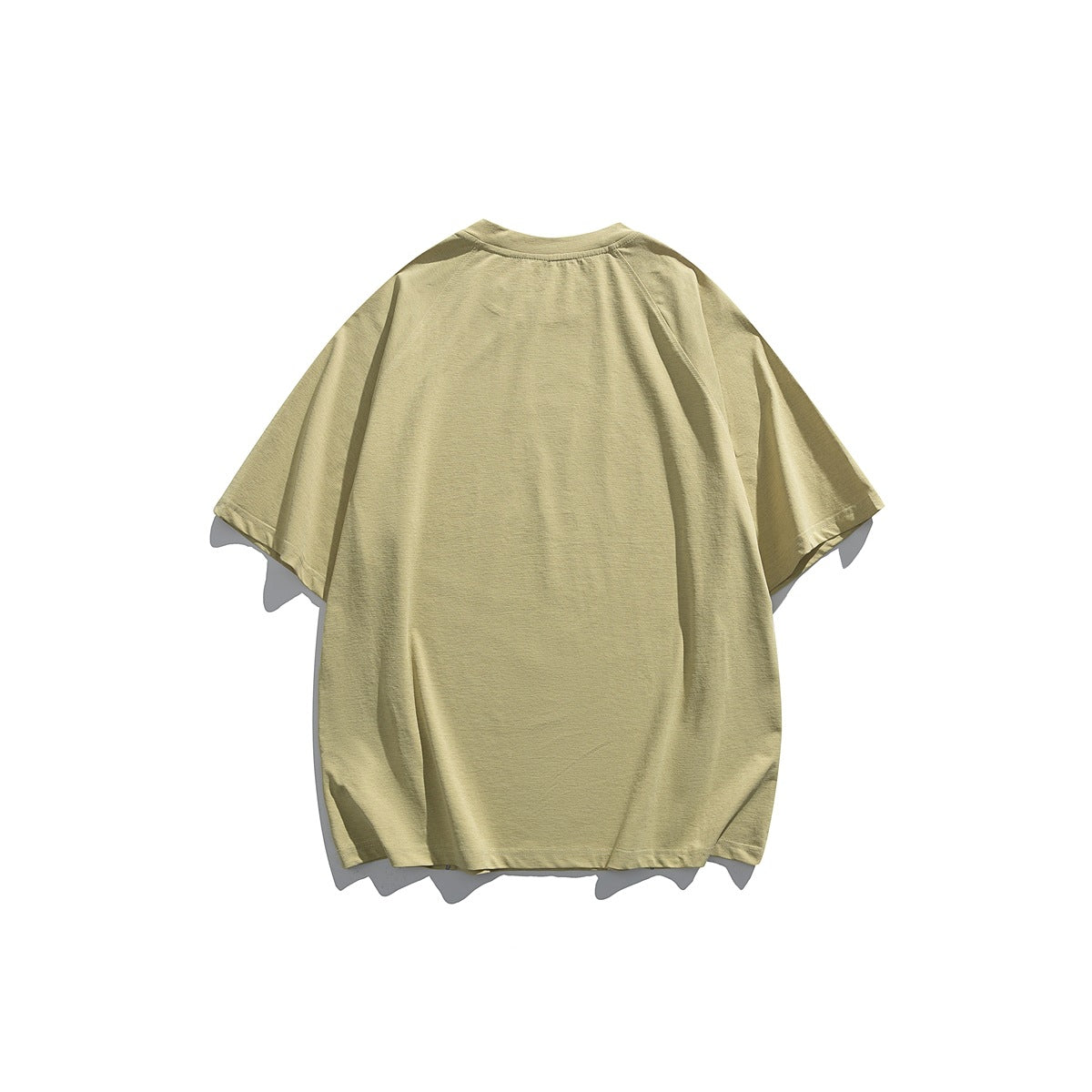 Back view of a loose-fit pale olive short-sleeve crew-neck T-shirt.