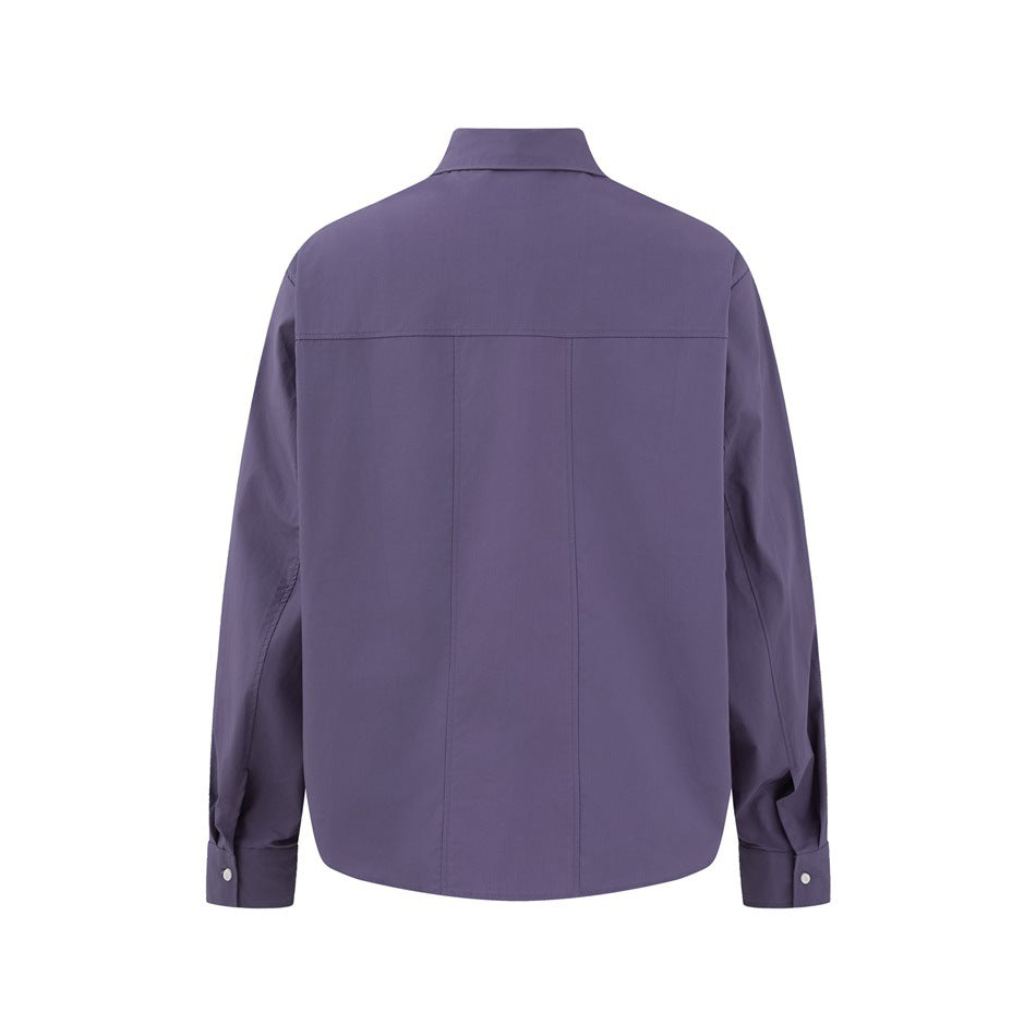 Back view of a purple long-sleeve shirt with a yoke seam and buttoned cuffs.