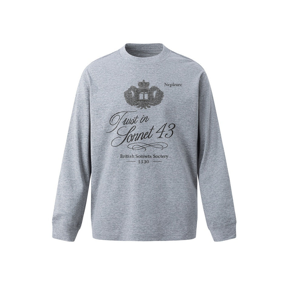 Gray long-sleeve crew-neck top with a crest and script 'Sonnet 43' graphic on the chest