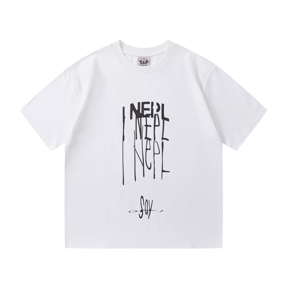 White short-sleeve crew-neck T-shirt with black drippy stacked lettering print on the front
