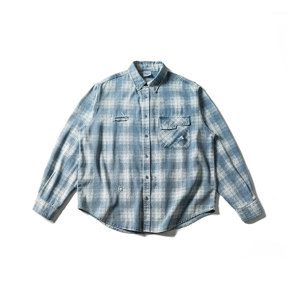 Washed blue and cream plaid long-sleeve button-up shirt, flat lay front view with chest flap pocket and distressing