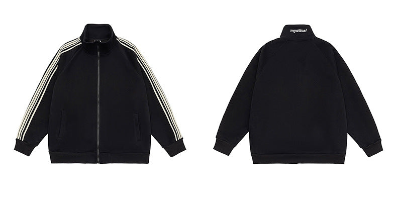 Black zip-front jacket shown from the front and back, with a stand collar, pockets, and cream triple sleeve stripes.