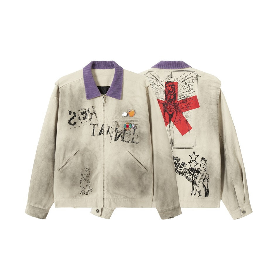 Cream jacket shown from the front and back, featuring a purple collar, chest pins, and bold graphic prints.