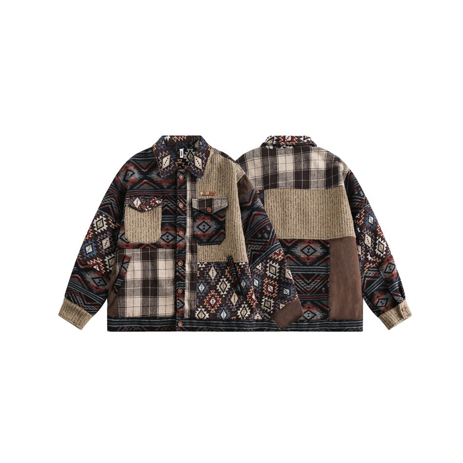 Patchwork jacket shown from the front and back on a white background, with plaid and geometric panels.