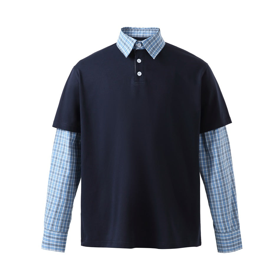 Navy layered-look polo shirt with light blue plaid collar and long plaid sleeves, front view