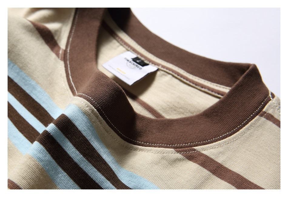 Close-up of the brown ribbed crew neck and striped beige fabric, with the inside neck label visible.