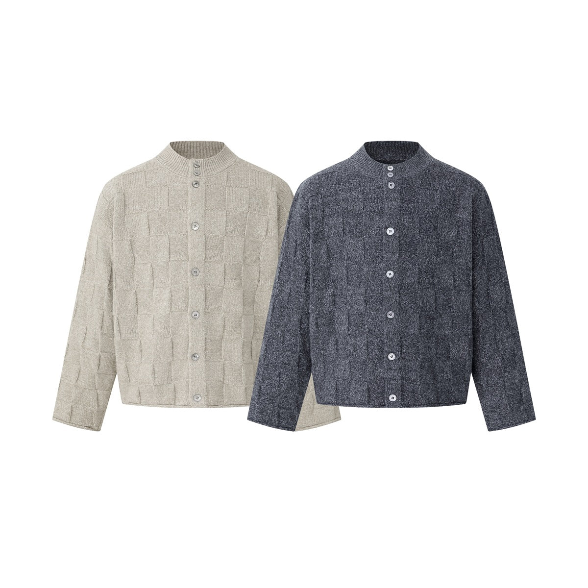 Front views of two long-sleeve knit cardigans with stand collars and button fronts, in light beige and charcoal gray.