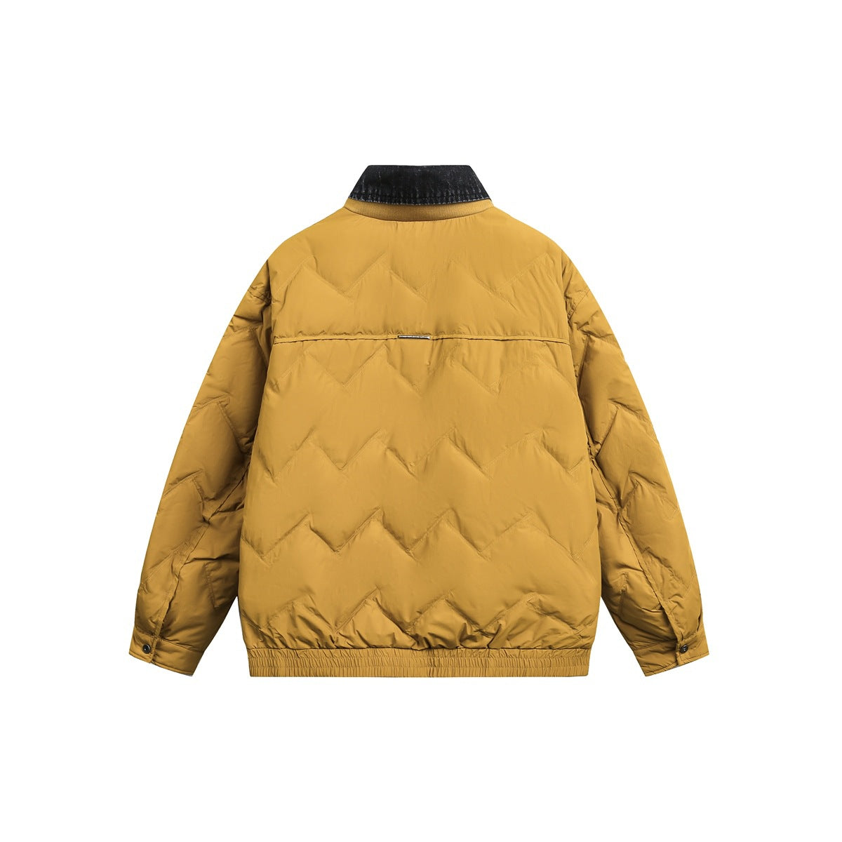Back view of a mustard-yellow quilted jacket with a black collar and elasticated hem.