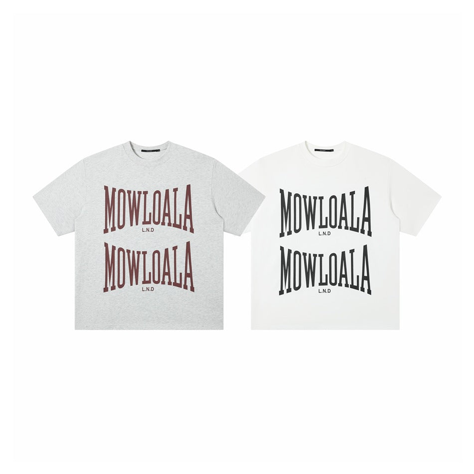 Two crew-neck graphic T-shirts shown from the front: light gray with burgundy print and white with black print.