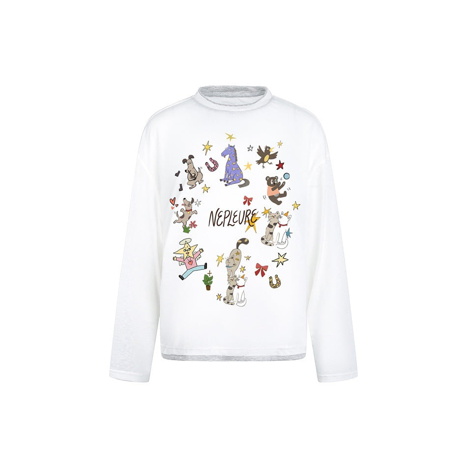 White long-sleeve crew-neck top with gray layered trim and colorful cartoon animal and star print on front
