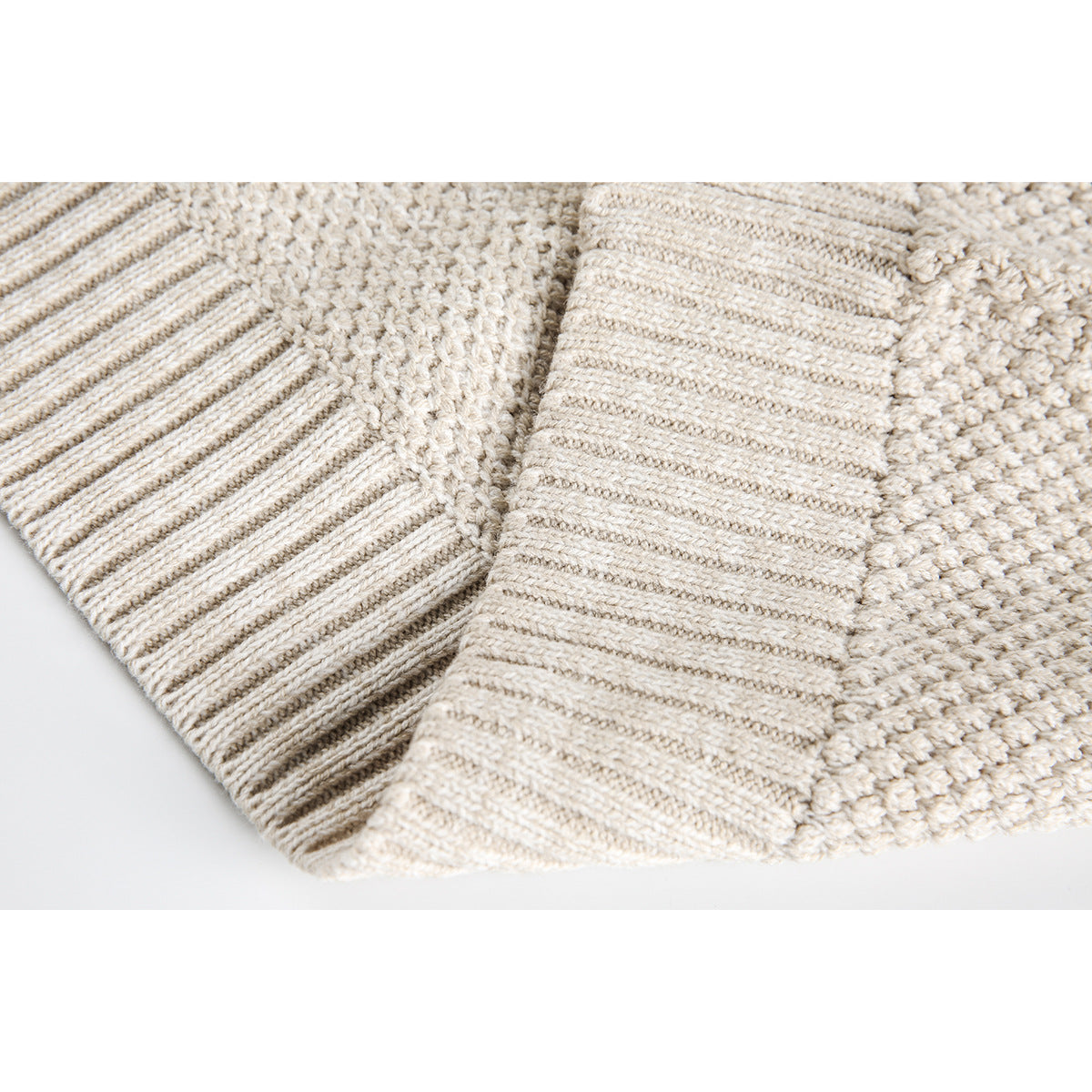 Close-up of an oatmeal knit sweater showing textured stitches and wide ribbed trim.