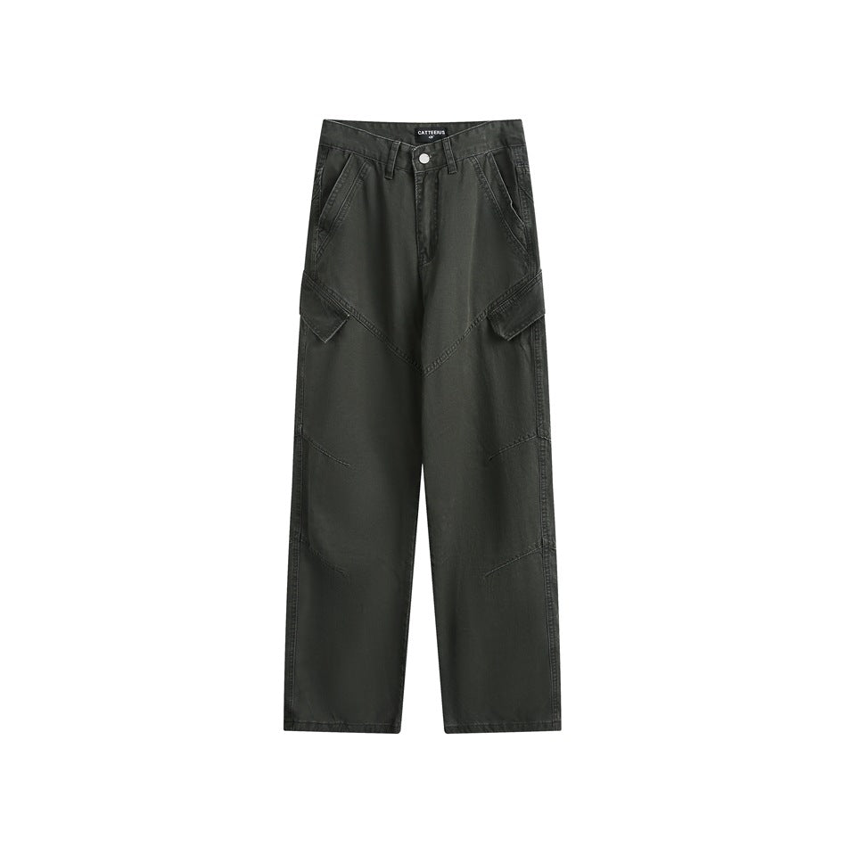 Washed green straight-leg cargo pants, flat lay front view with angled thigh flap pockets and diagonal seams