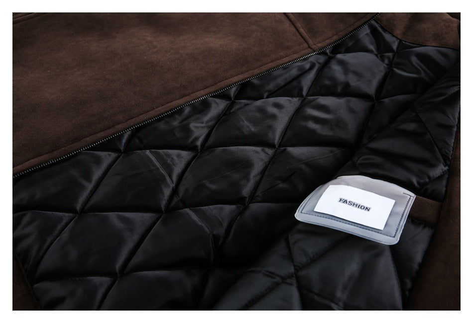 Dark brown garment opened to reveal black diamond-quilted lining and a sewn-in FASHION label.