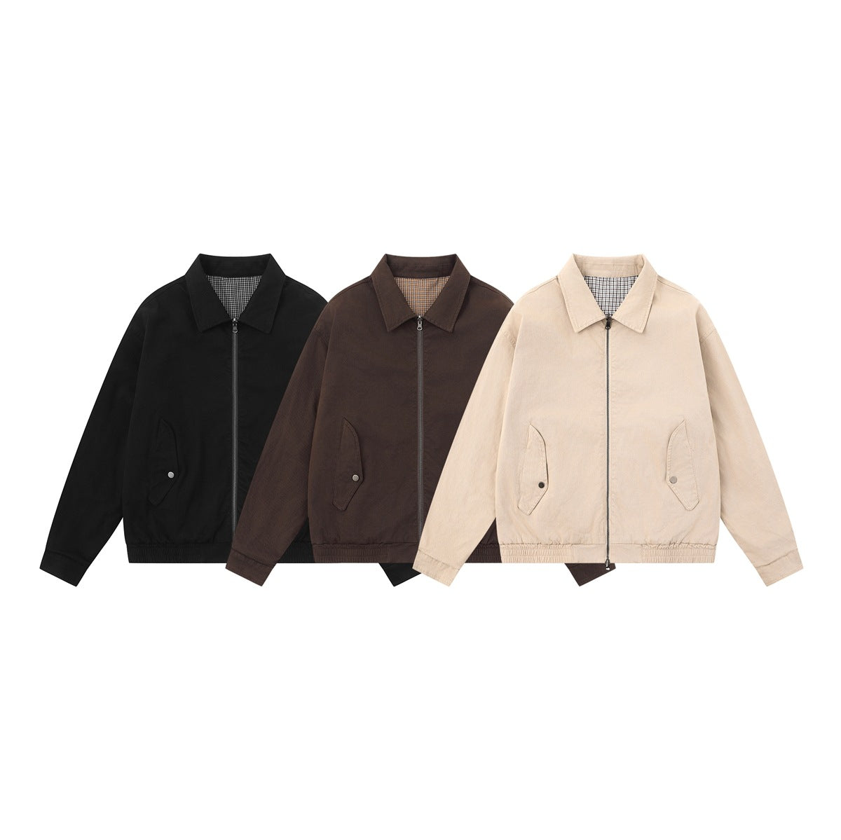 Three zip-front collared jackets in black, dark brown, and light beige, shown from the front.
