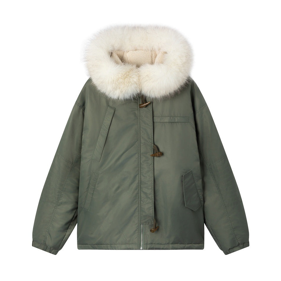 Olive green hooded jacket with cream fur-style hood trim, toggle front zip and flap pockets, flat front view