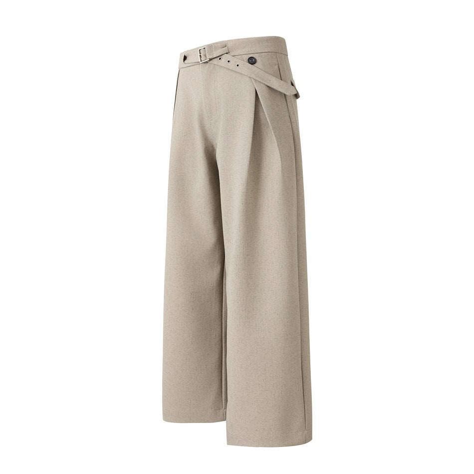 Front view of taupe wide-leg trousers with pleats, a buttoned waist, and an adjustable belt.