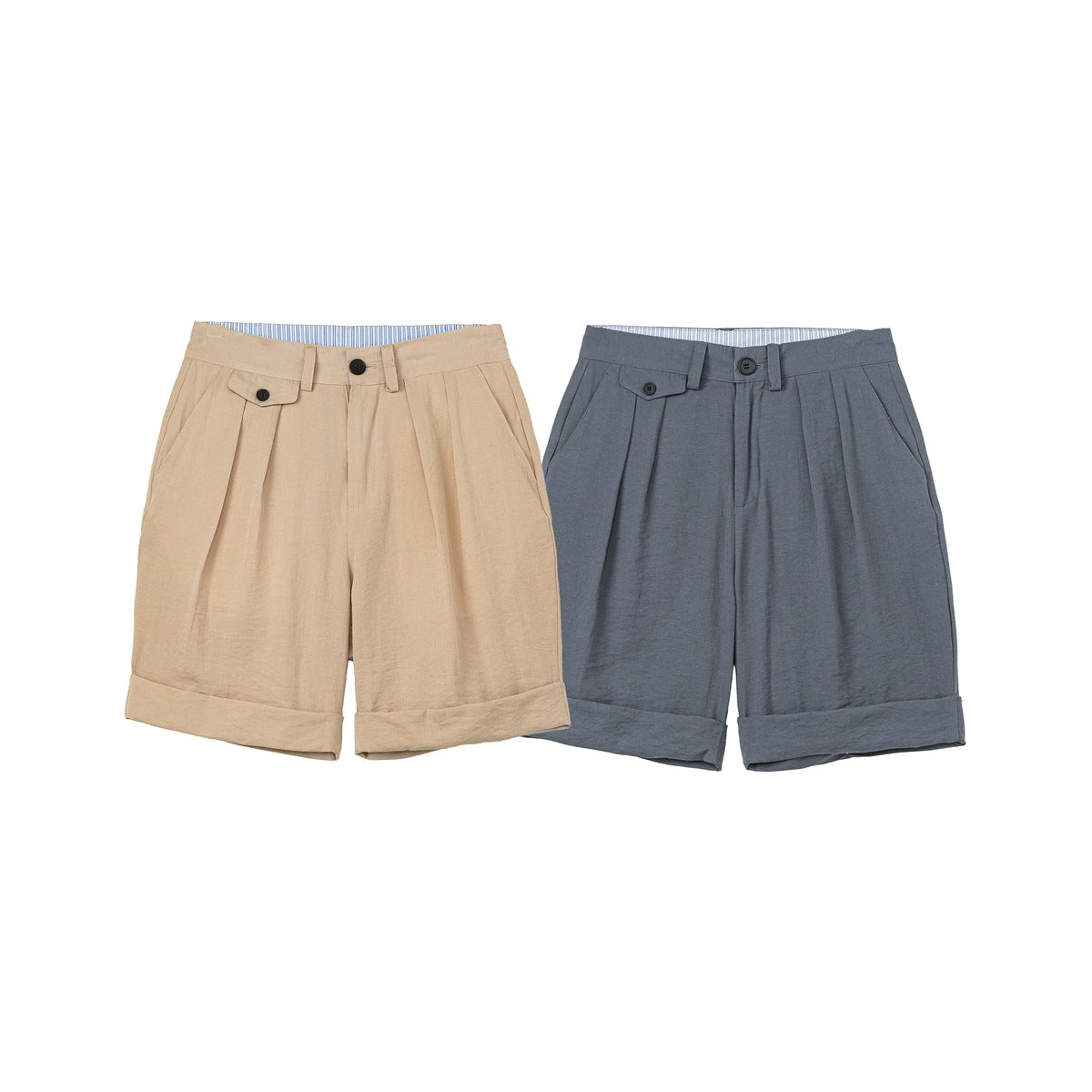Front views of pleated shorts in tan and slate gray, with cuffed hems and button details.