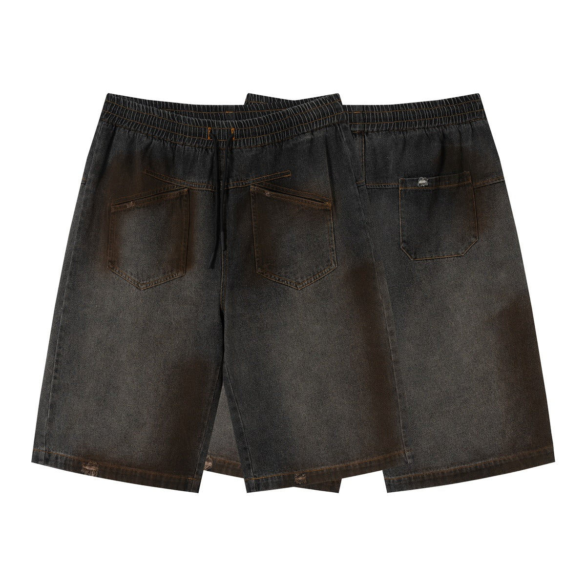 Overlapping views of charcoal washed shorts show elastic waistbands, drawstrings, and rear pockets.