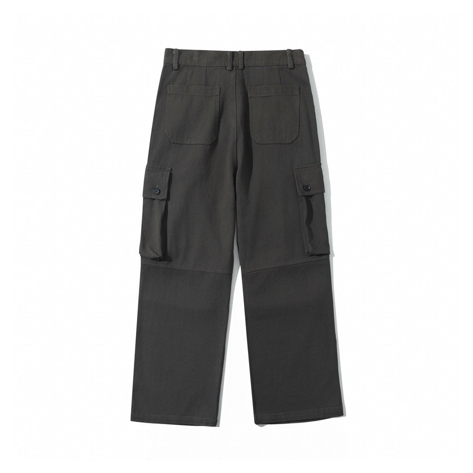 Gray-green cargo pants flat lay back view with two patch pockets, side cargo pockets and seamed lower legs