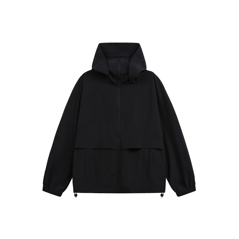 Black hooded zip-up jacket flat lay with front flap panel, pockets, elastic cuffs and hem drawcord toggles