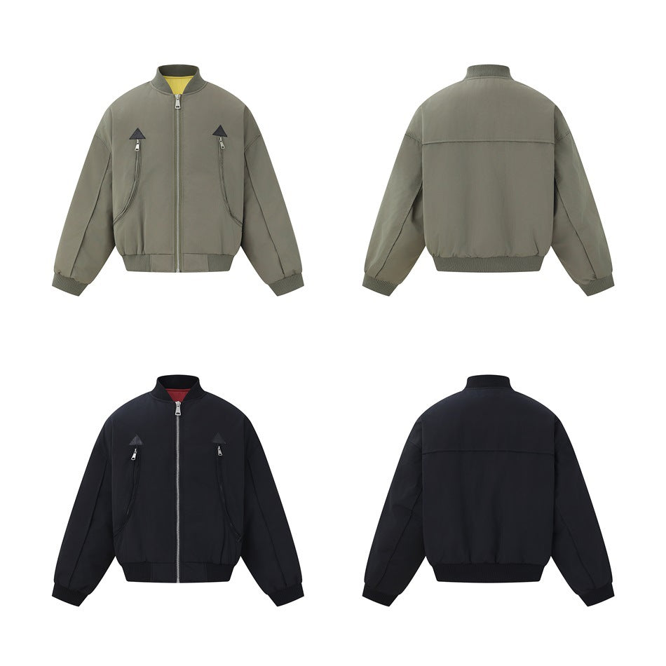 Front and back views of the bomber jacket in army green and in black, shown as a four-panel layout