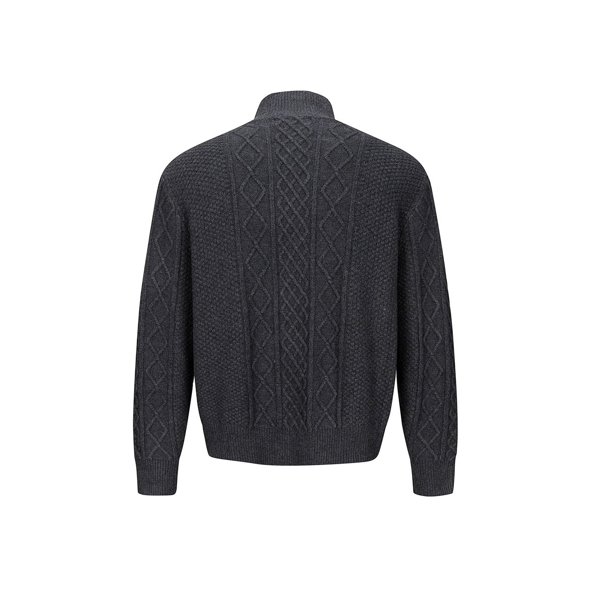 Back view of a charcoal cable-knit cardigan with a stand collar, patterned panels, and ribbed cuffs and hem.
