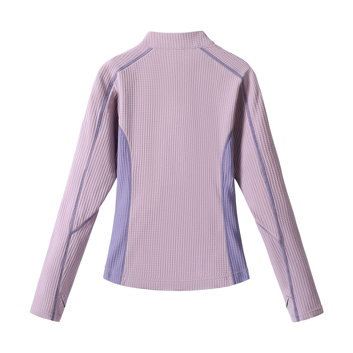 Back view of a pale lavender textured long-sleeve jacket with purple side panels and seam accents.