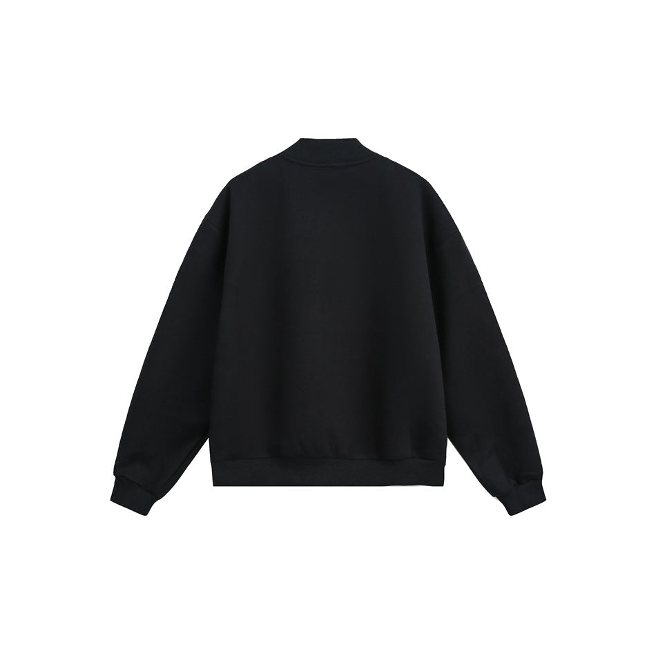 Back view of a black stand-collar sweatshirt with plain back, dropped shoulders, and ribbed cuffs and hem
