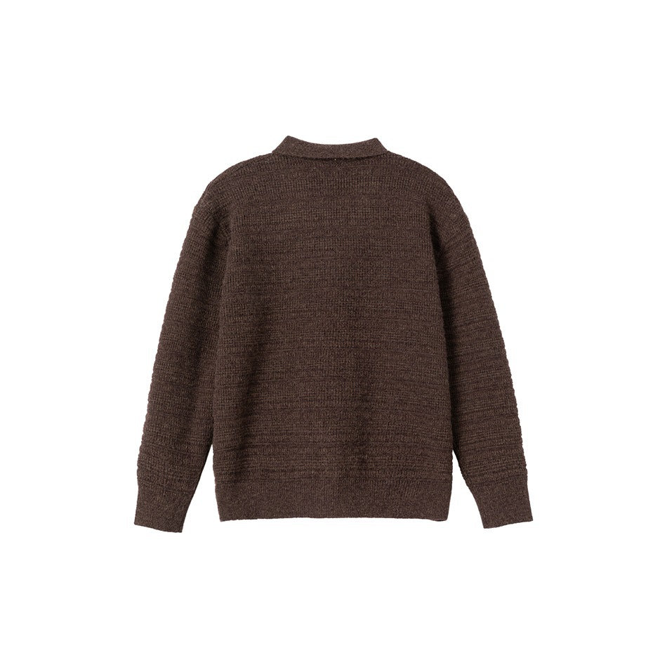 Back view of a brown textured knit cardigan with a collar, long sleeves, and ribbed cuffs and hem.