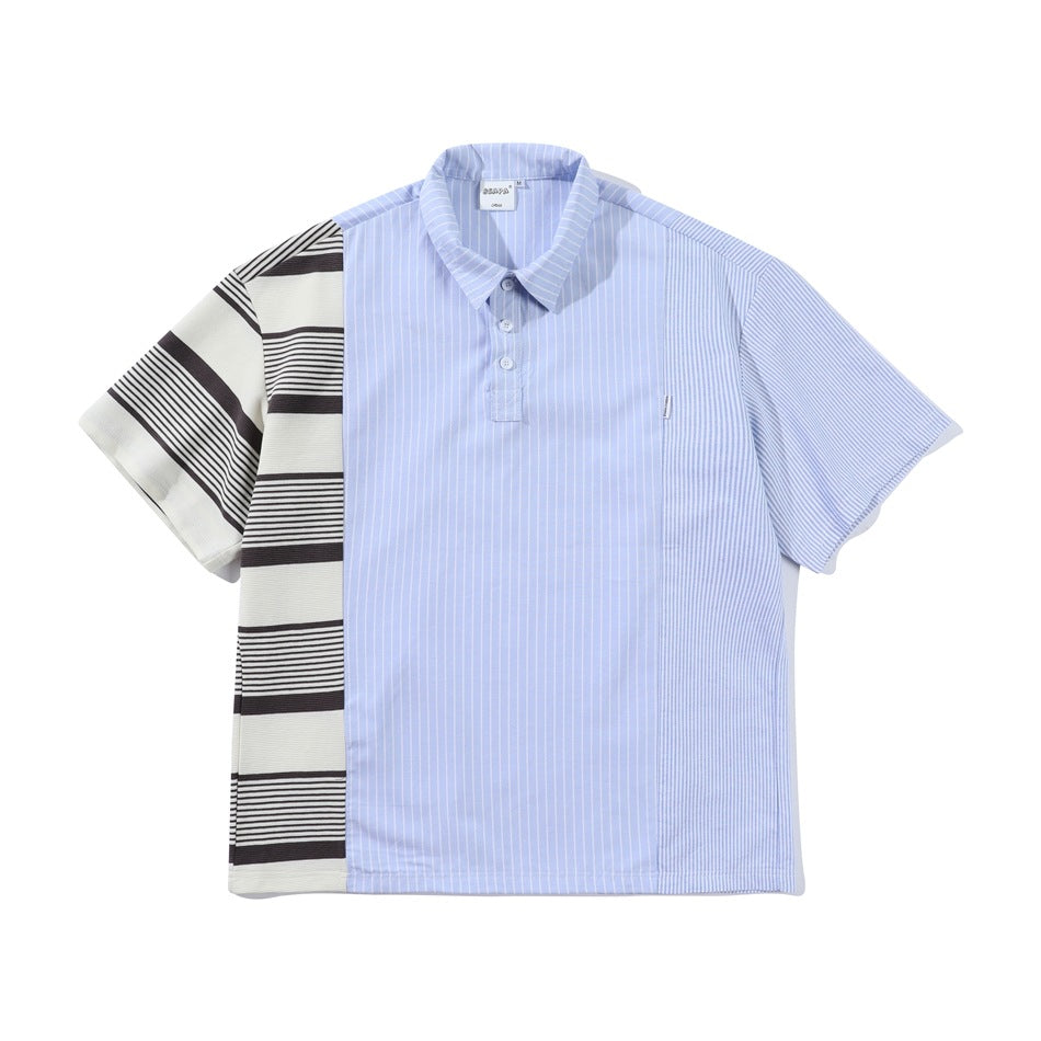 Blue pinstripe short-sleeve shirt with cream and brown striped side panel and sleeve, front flat lay