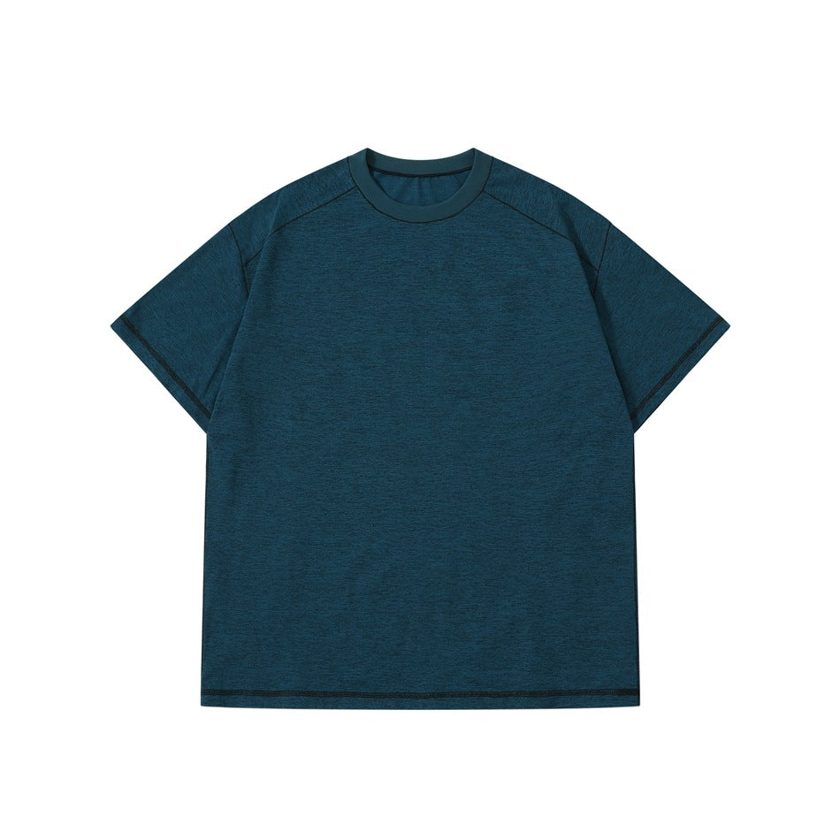 Dark teal-green short-sleeve crew-neck T-shirt flat lay with black contrast topstitching
