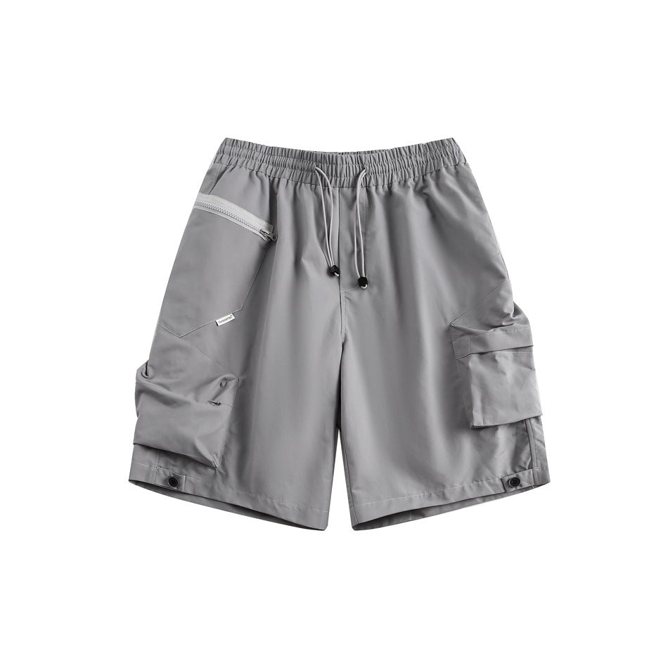 Light gray cargo shorts, front flat lay, with drawstring waist, zip pocket and large side cargo pockets
