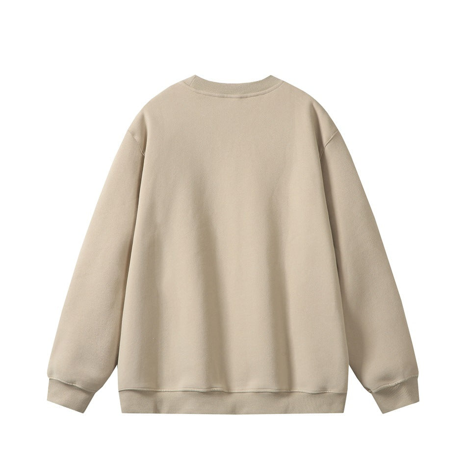 Back view of khaki crew-neck sweatshirt with ribbed collar, cuffs and hem, plain back