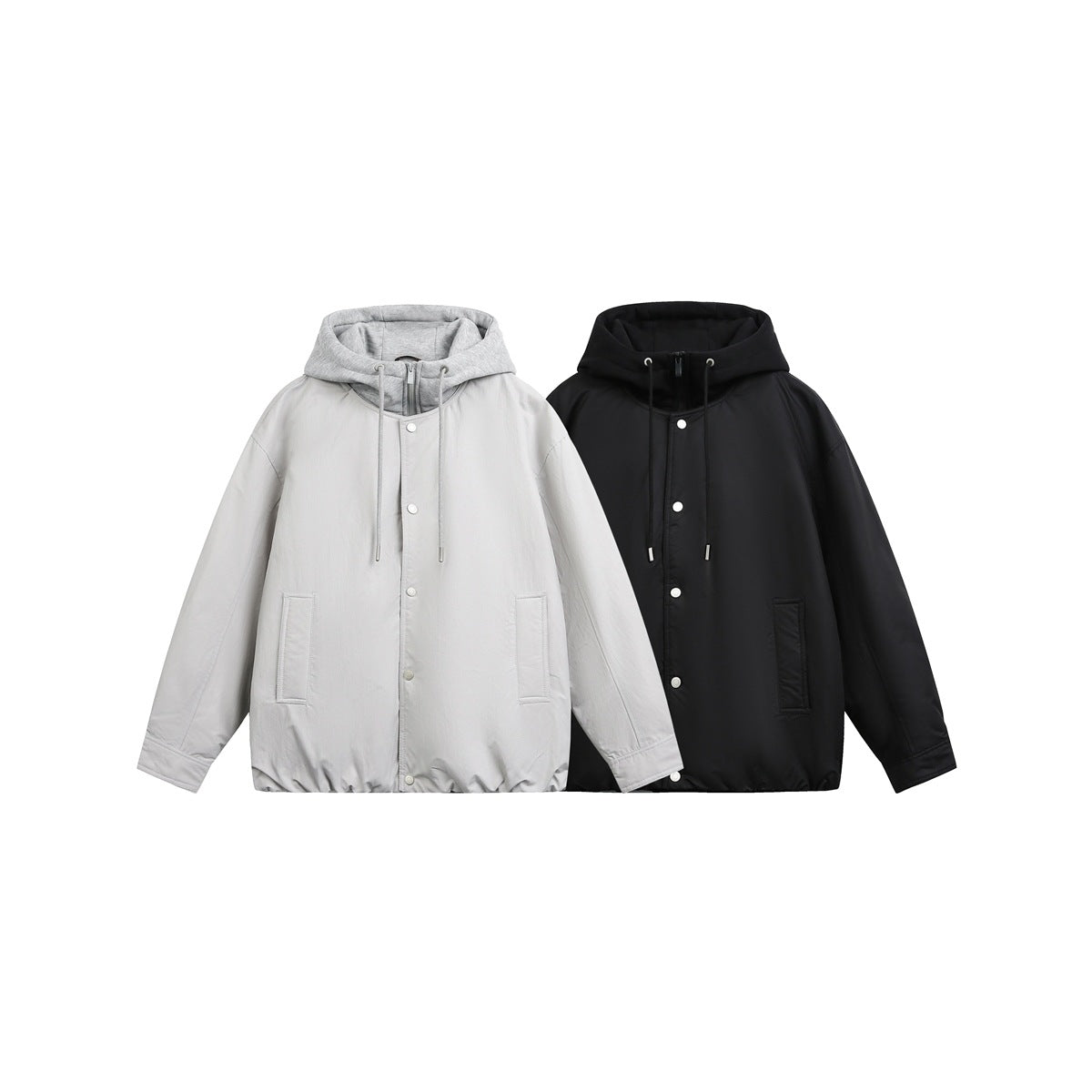 Light gray and black hooded snap-front jackets displayed side by side.