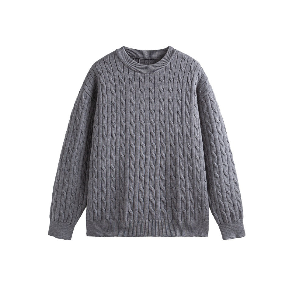 Gray cable-knit crew-neck sweater with long sleeves and ribbed trim, flat lay front view
