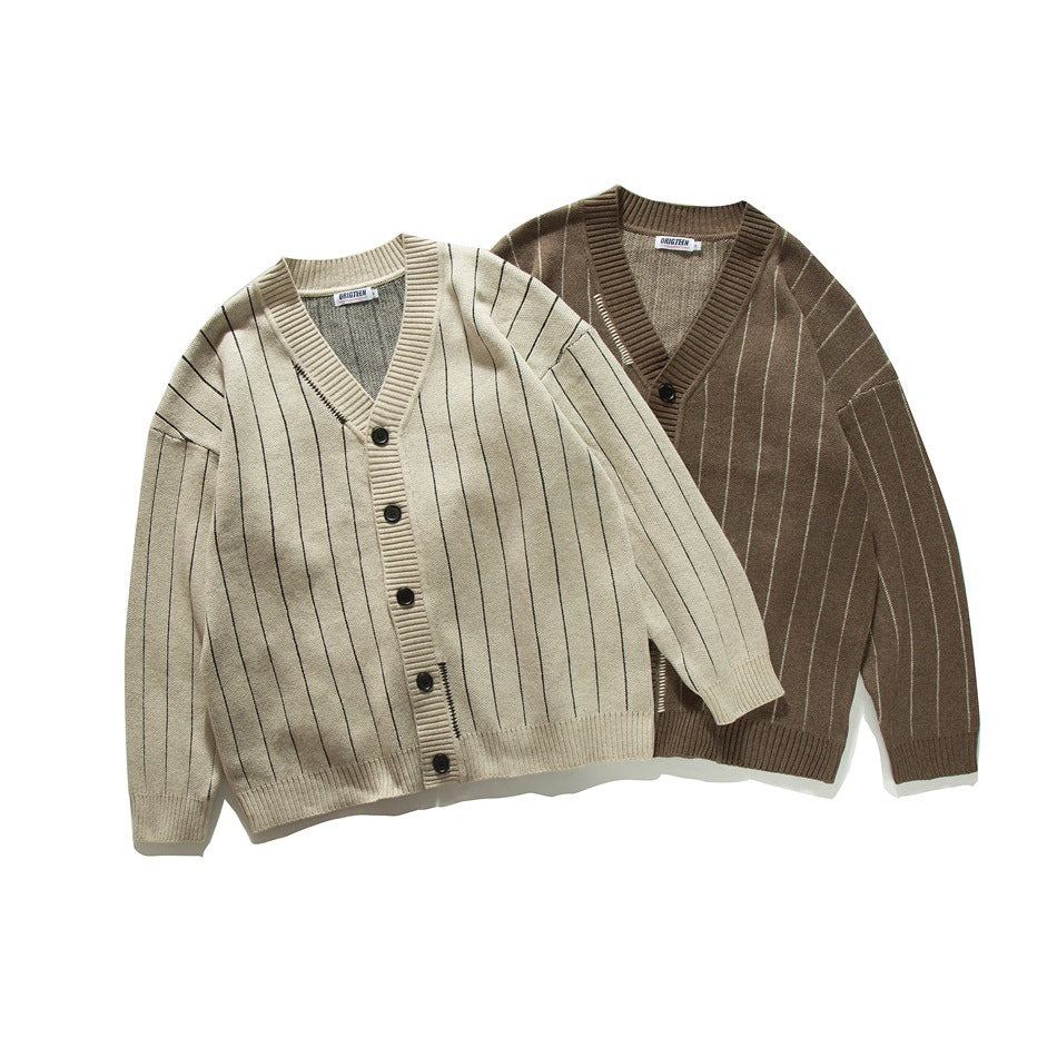 Two striped button-front V-neck cardigans shown flat: one light beige and one dark brown.