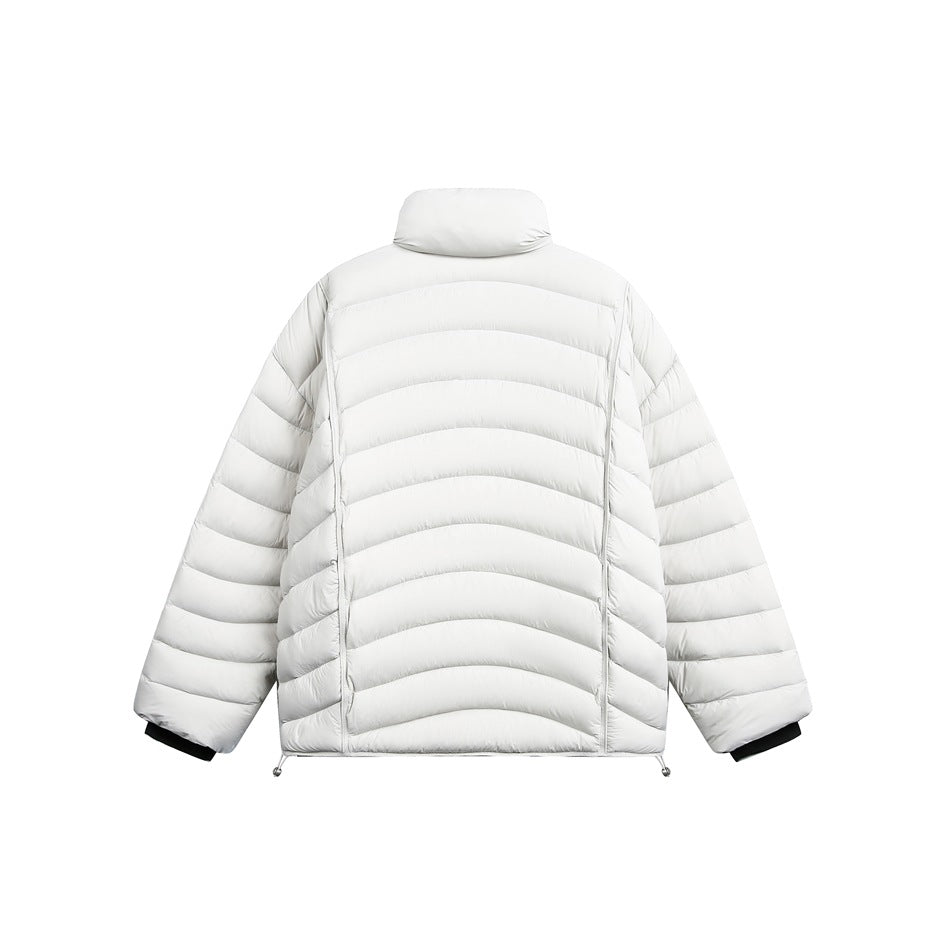 Back view of a white quilted puffer jacket with a high collar and elastic cuffs.
