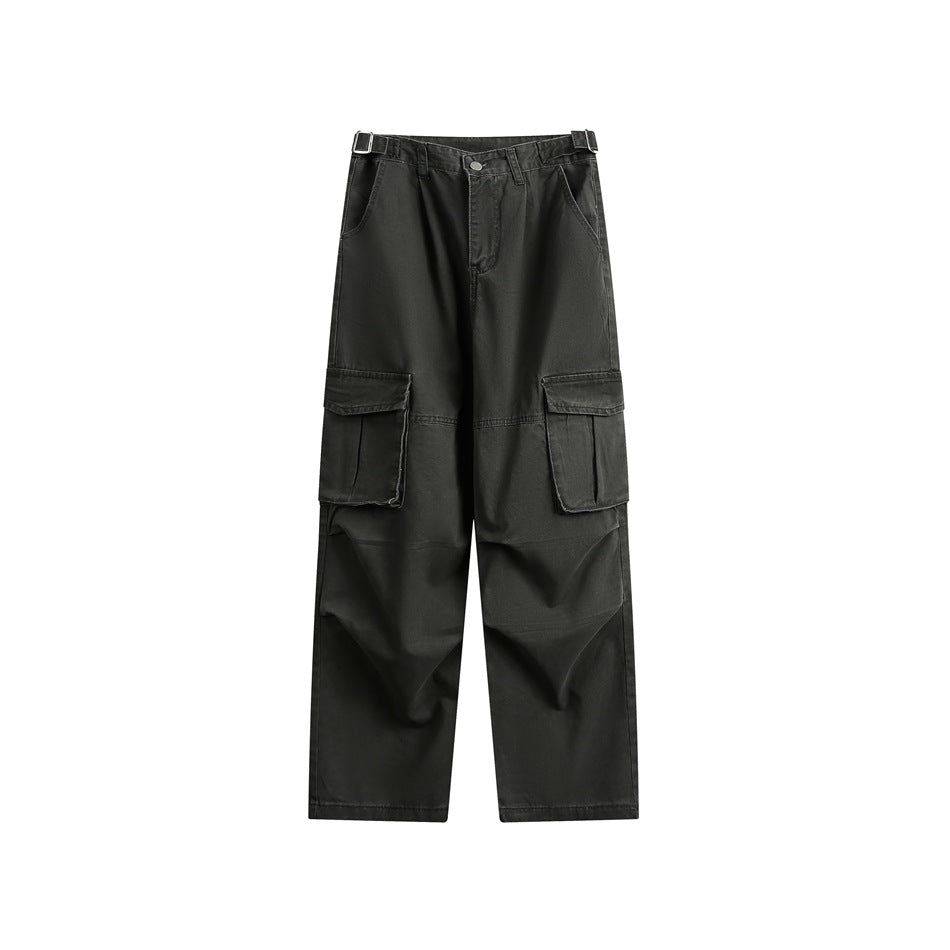 Gray-green wide-leg cargo pants, front view, with flap cargo pockets and side waist buckle tabs