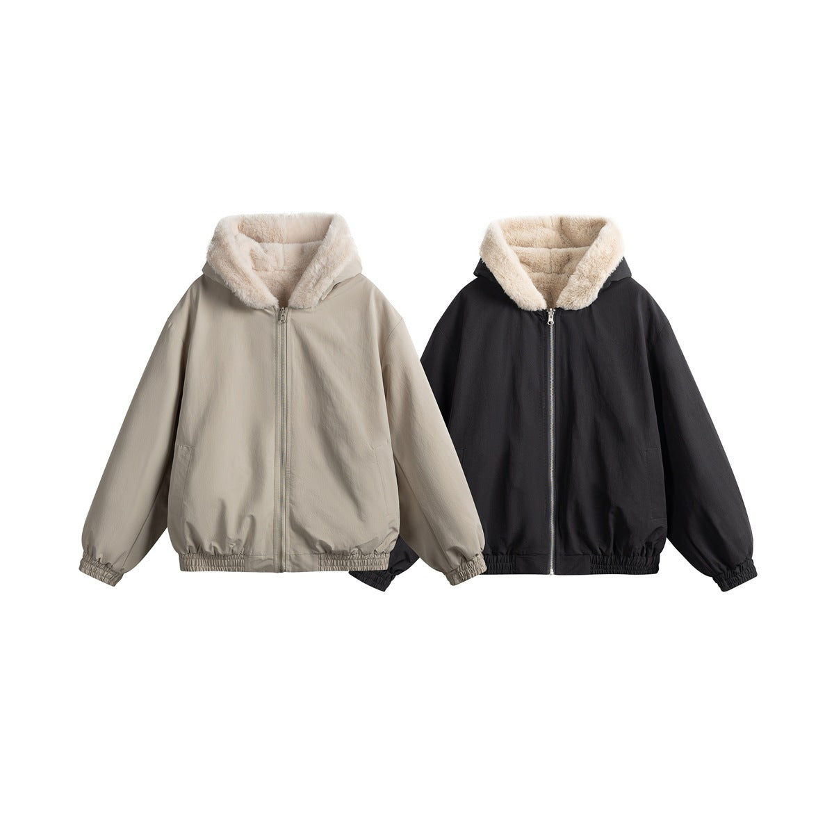 Front view of two hooded zip jackets in greige and black, both with cream lining and gathered cuffs and hems.