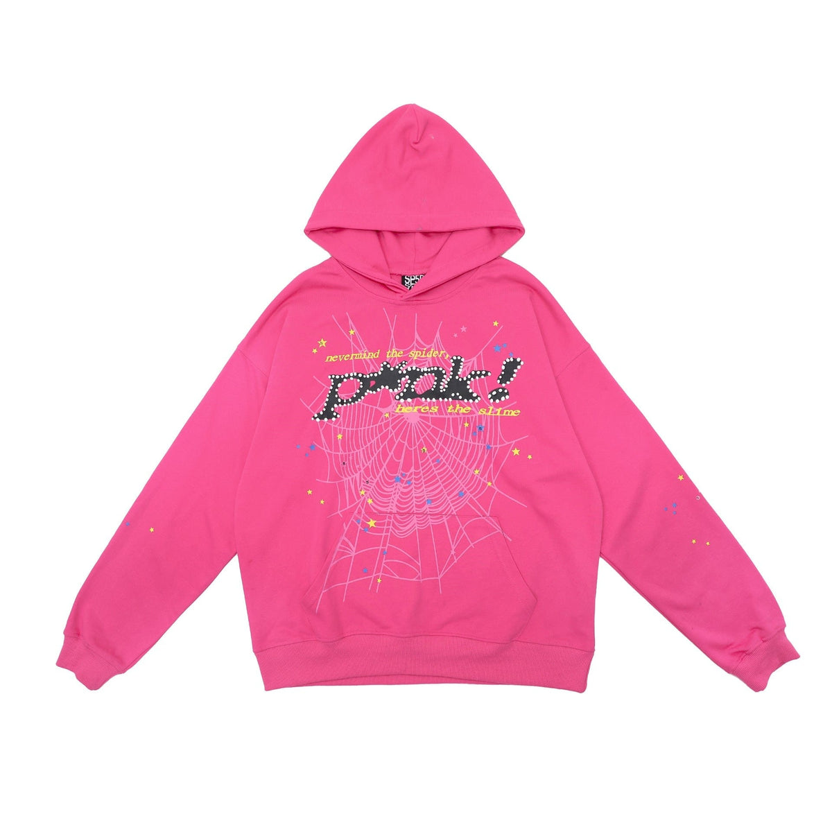 The Sp5der “Punk Slime” Hoodie is a hot pink 440GSM heavyweight oversized streetwear pullover, featuring web graphics, dotted PAK! text, and colorful speckles—ideal for bold Y2K-inspired looks.