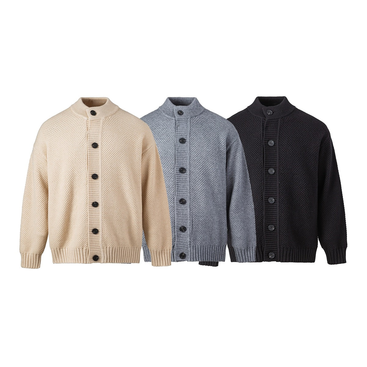 Three button-front knit cardigans with stand collars in cream, gray, and black, shown from the front.