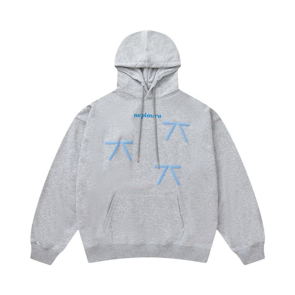 Heather gray pullover hoodie with drawstring hood, kangaroo pocket and three light blue bow graphics on the front