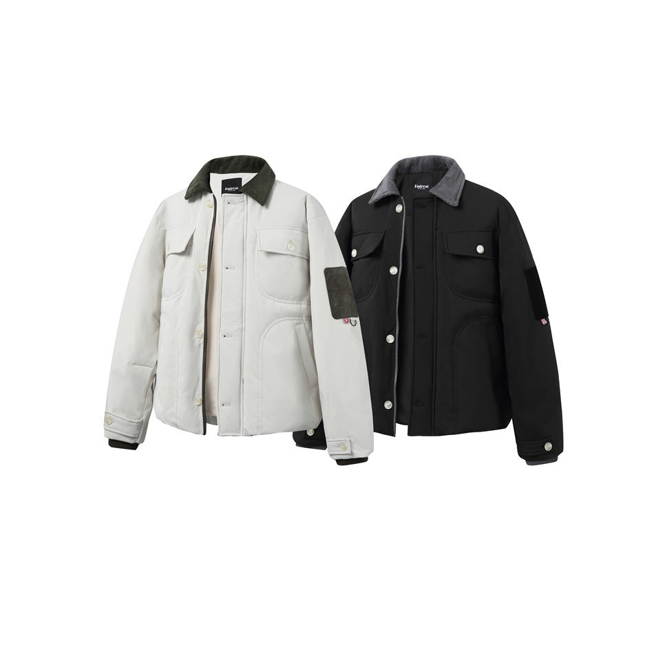 Off-white and black jackets shown side by side, both with contrasting collars, button fronts and multiple pockets.