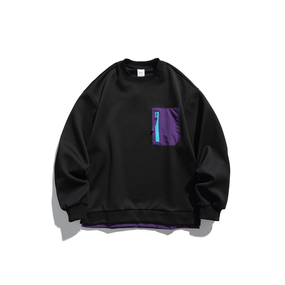 Black crew-neck sweatshirt flat lay with purple zip chest pocket and purple layer under the hem