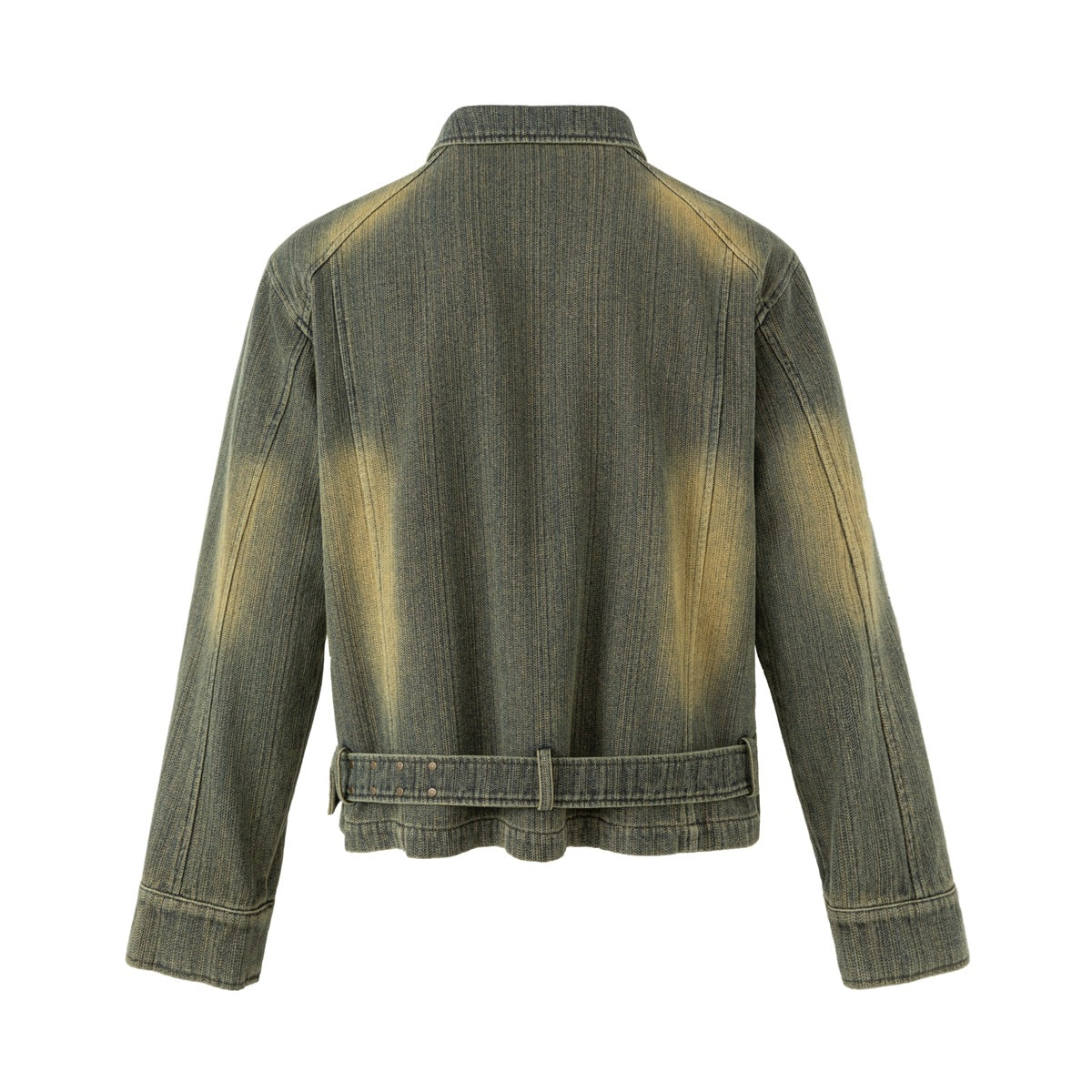Back view of a distressed olive jacket with long sleeves, a pointed collar, and an adjustable belt at the hem.