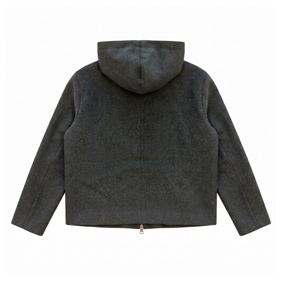 Back view of a charcoal gray hooded jacket laid flat, with long sleeves and a center back seam.