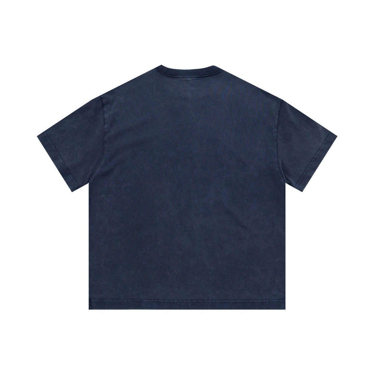 Back view of a plain washed-navy short-sleeve crew-neck T-shirt.
