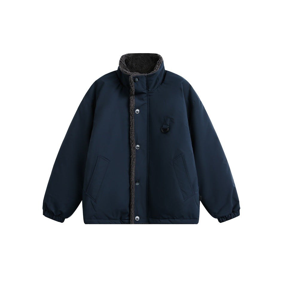 Navy blue stand-collar jacket with dark gray fleece-like collar and placket, snap buttons, front pockets and elastic cuffs
