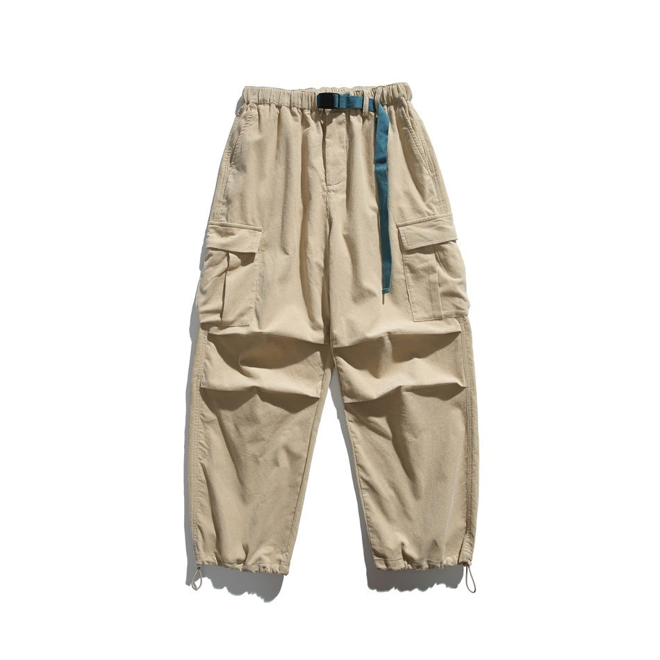 Khaki cargo pants flat lay with elastic waist, teal belt, flap side pockets and drawstring ankle hems