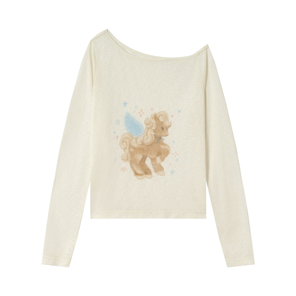 Apricot long-sleeve one-shoulder T-shirt with winged pony print, flat front view